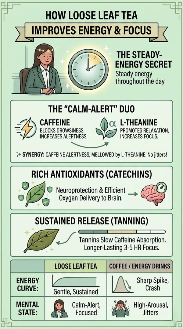 Infographic showing how tea improves energy and focus