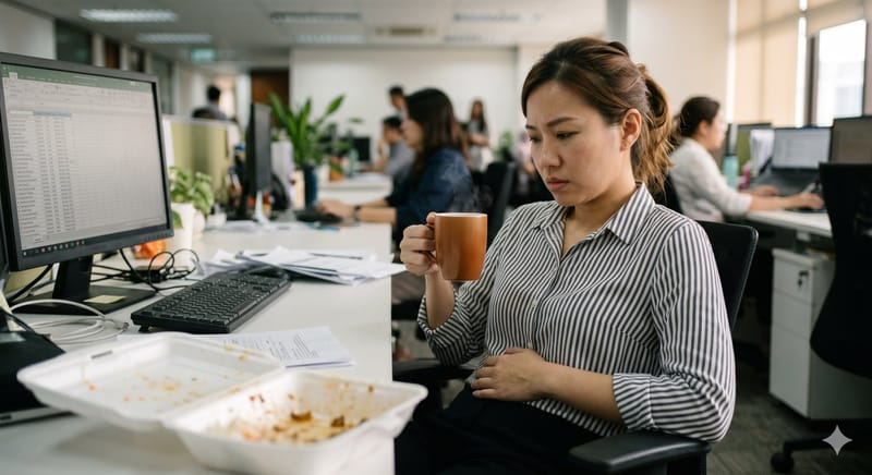 women feeling bloated after having lunch image