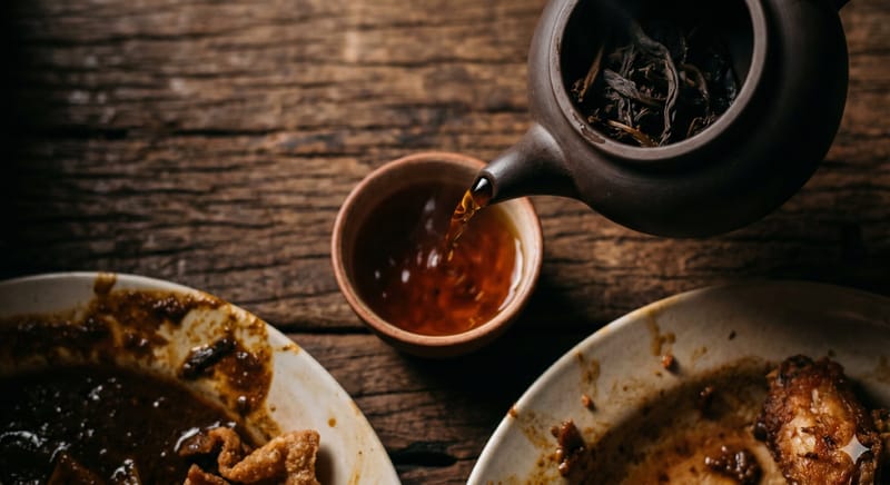 ripe puer image with greasy meal. Implying to drink after a greasy meal
